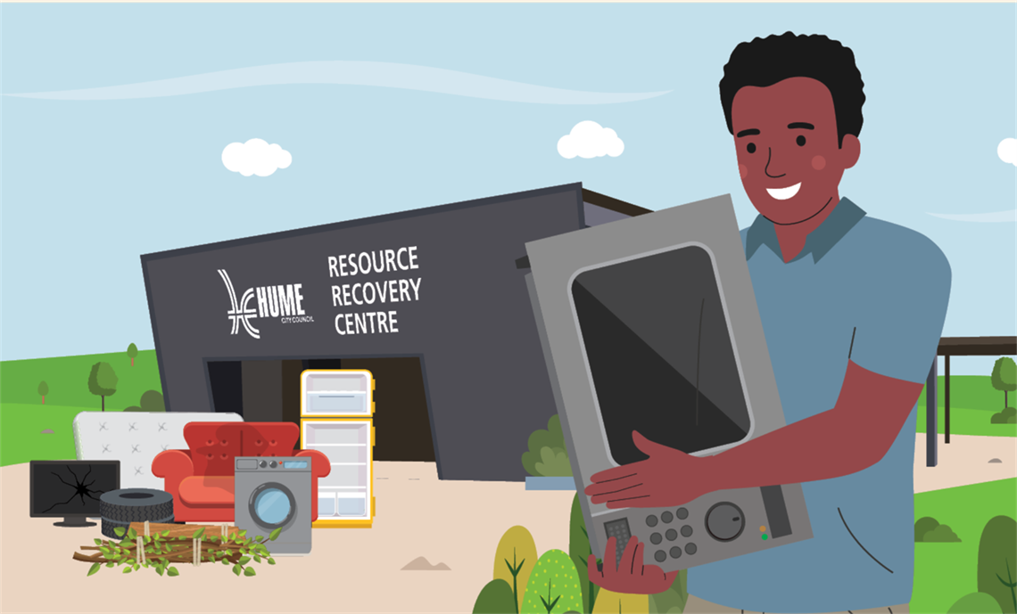 Illustration of a person carrying an unwanted microwave with a Resource Recovery Centre in the background
