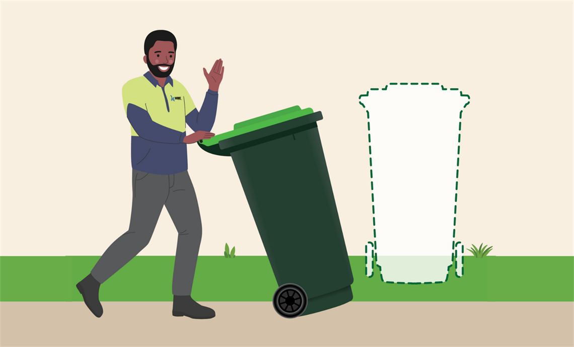 Illustration of a delivery man delivering a green bin