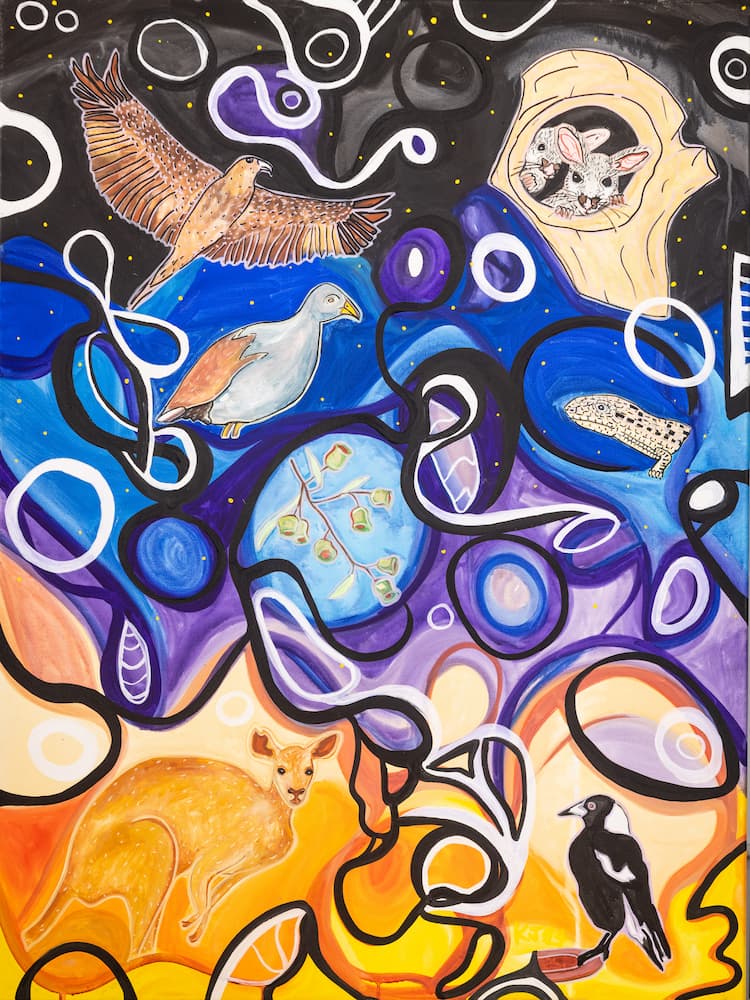 A purple, blue and orange abstract painting which includes depictions of the brushtail possum, Australian magpie, eastern grey kangaroo, whistling kite, dusky moorhen, blue-tongued skink and eucalyptus gum nuts