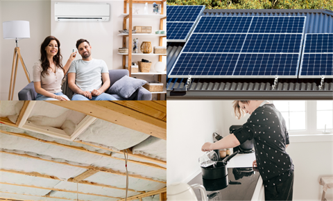 A couple enjoying their split system, solar panels on the roof of a house, ceiling insulation, a person using an induction cooktop