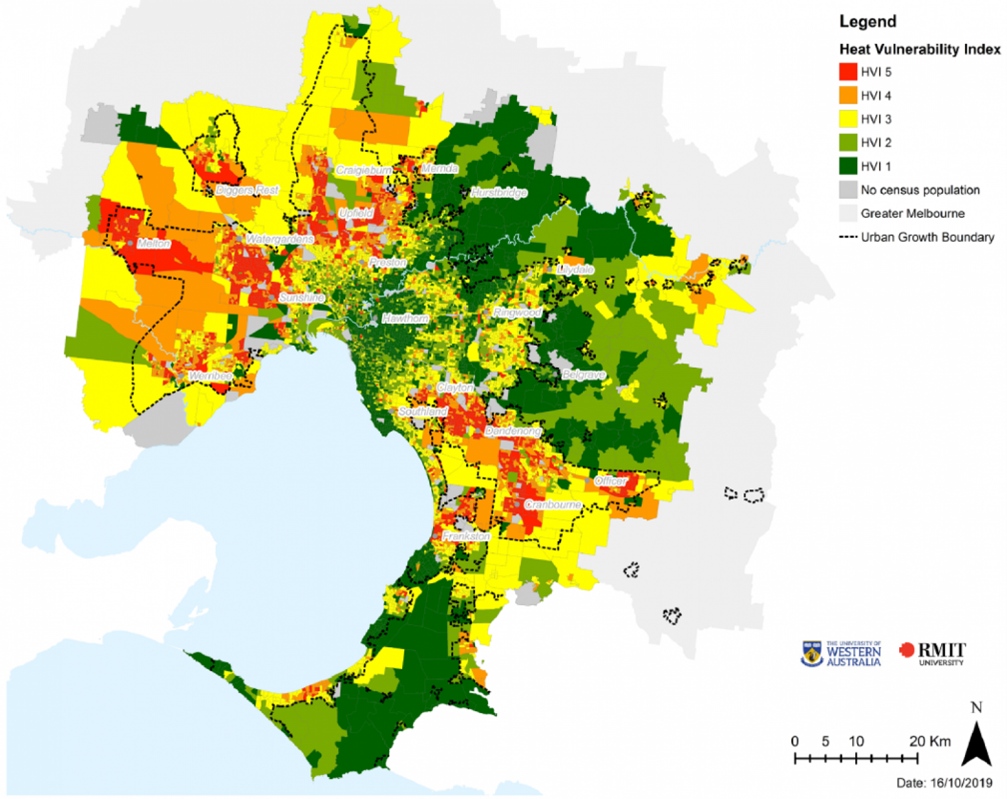 Heat vulnerability index across Greater Melbourne, 2018