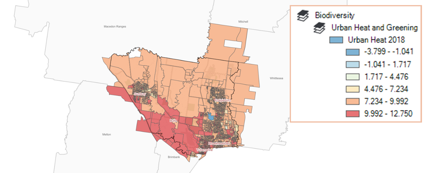 vulnerable populations are to extreme heat events and clearly shows that most of Hume’s population has a high level of vulnerability to extreme heat.