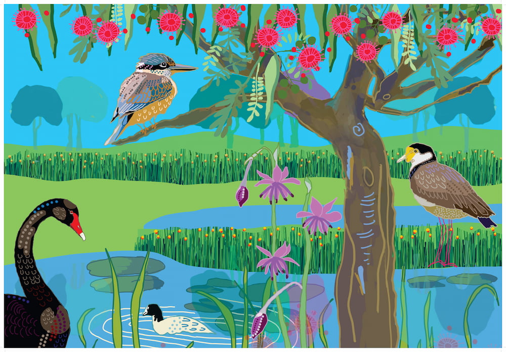 Artwork by Lisa Buckland depicts a wetland with black swans, a kingfisher and a lapwing