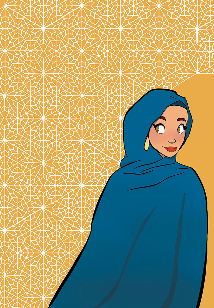 Artwork by Raghad Rihan - An Islamic woman on a yellow background