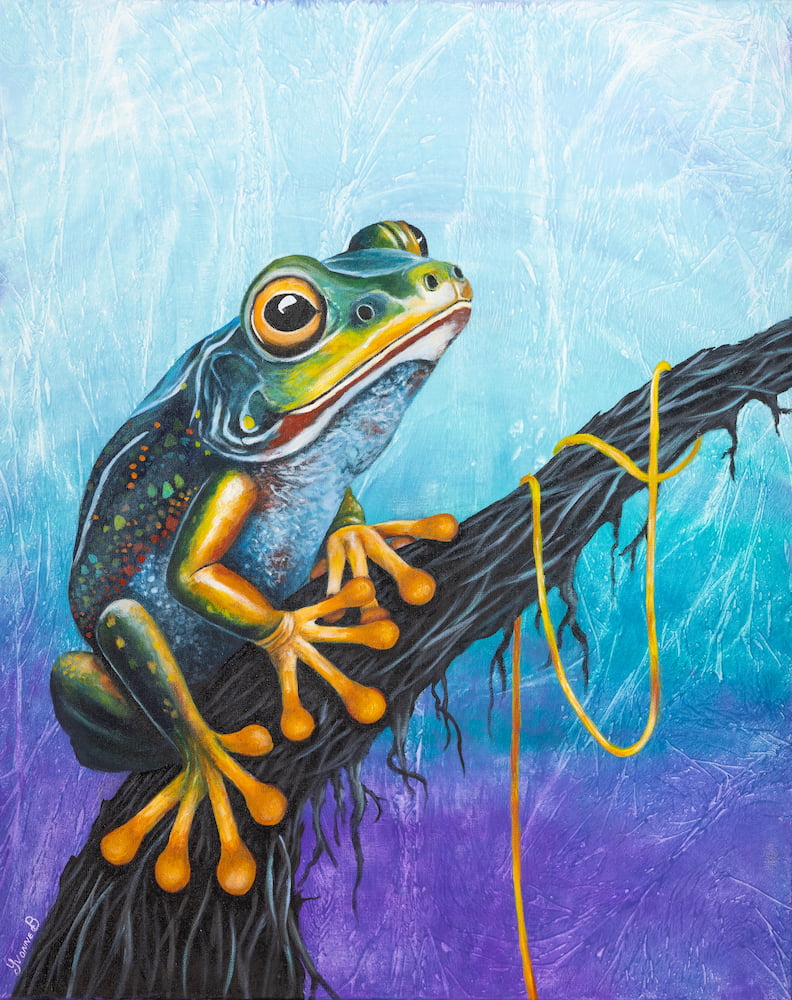 Painting of a frog perched on a branch