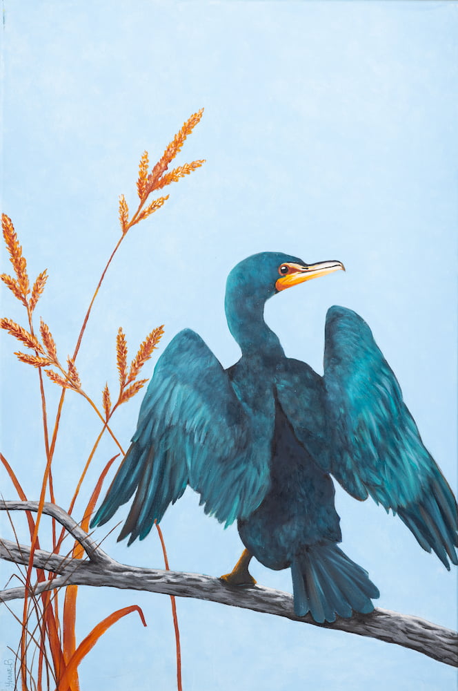 Painting of a water bird perched on a branch