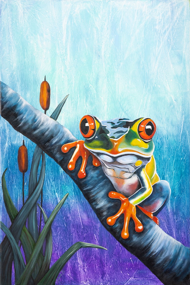 Painting of a frog perched on a branch looking at the viewer