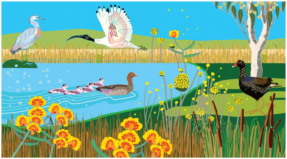 Artwork by Lisa Buckland called Wetland birds, the artwork depicts a pond with wild grasses and various water birds