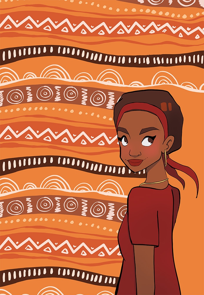 Artwork by Raghad Rihan - An african woman on an orange background will cultural patterns