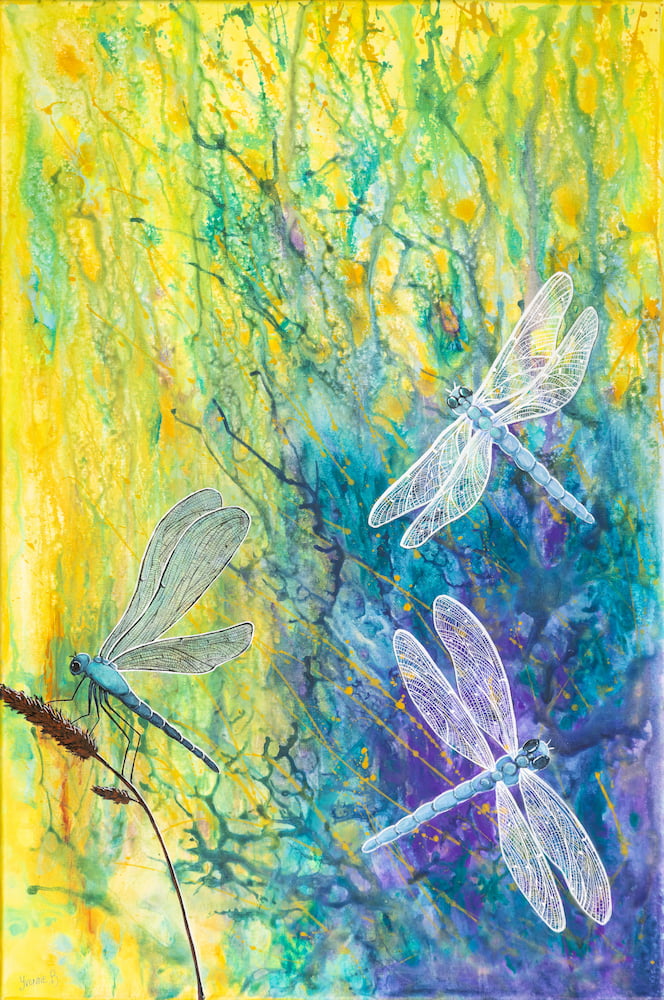 Painting of three dragon flies