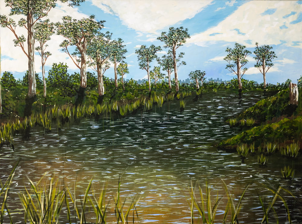 Painting of a gentle river with gum trees in the background